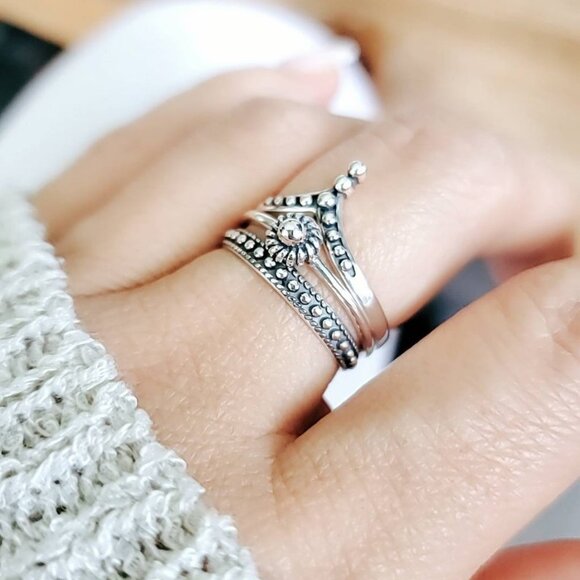 Sterling Silver 3 Ring Set, Beaded Chevron, Band, Flower 925 Women Ring, - Picture 5 of 10